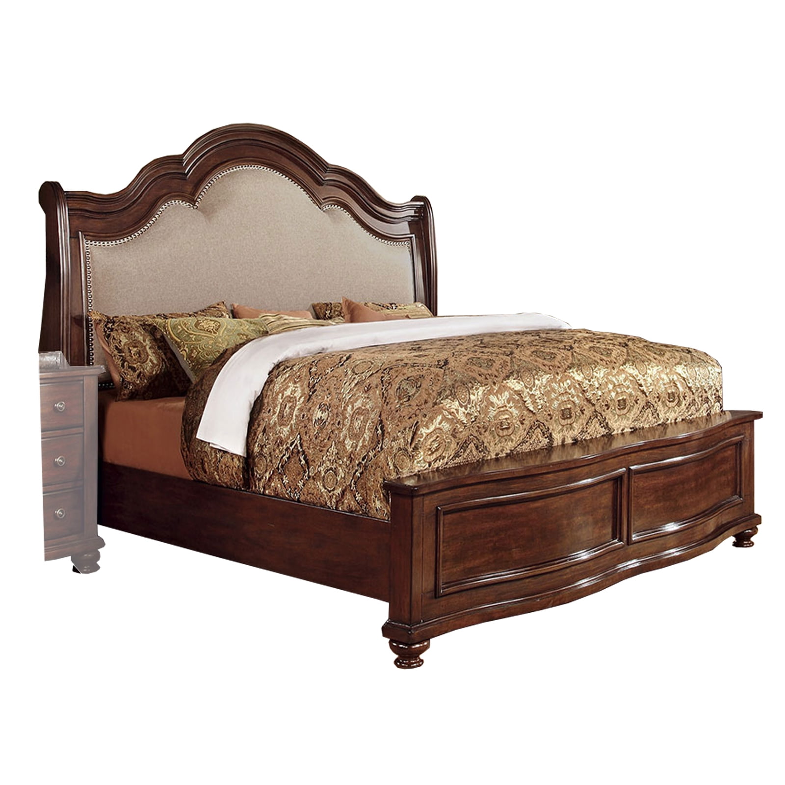 Wooden Eastern King Size Bed with Turned Legs, Brown and Beige