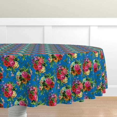 

Cotton Sateen Tablecloth 70 Round - Floral Pop Birds Blue Shabby Chic Pink Red Asian Victorian Garden Botanical Vintage Boho Roses Print Custom Table Linens by Spoonflower