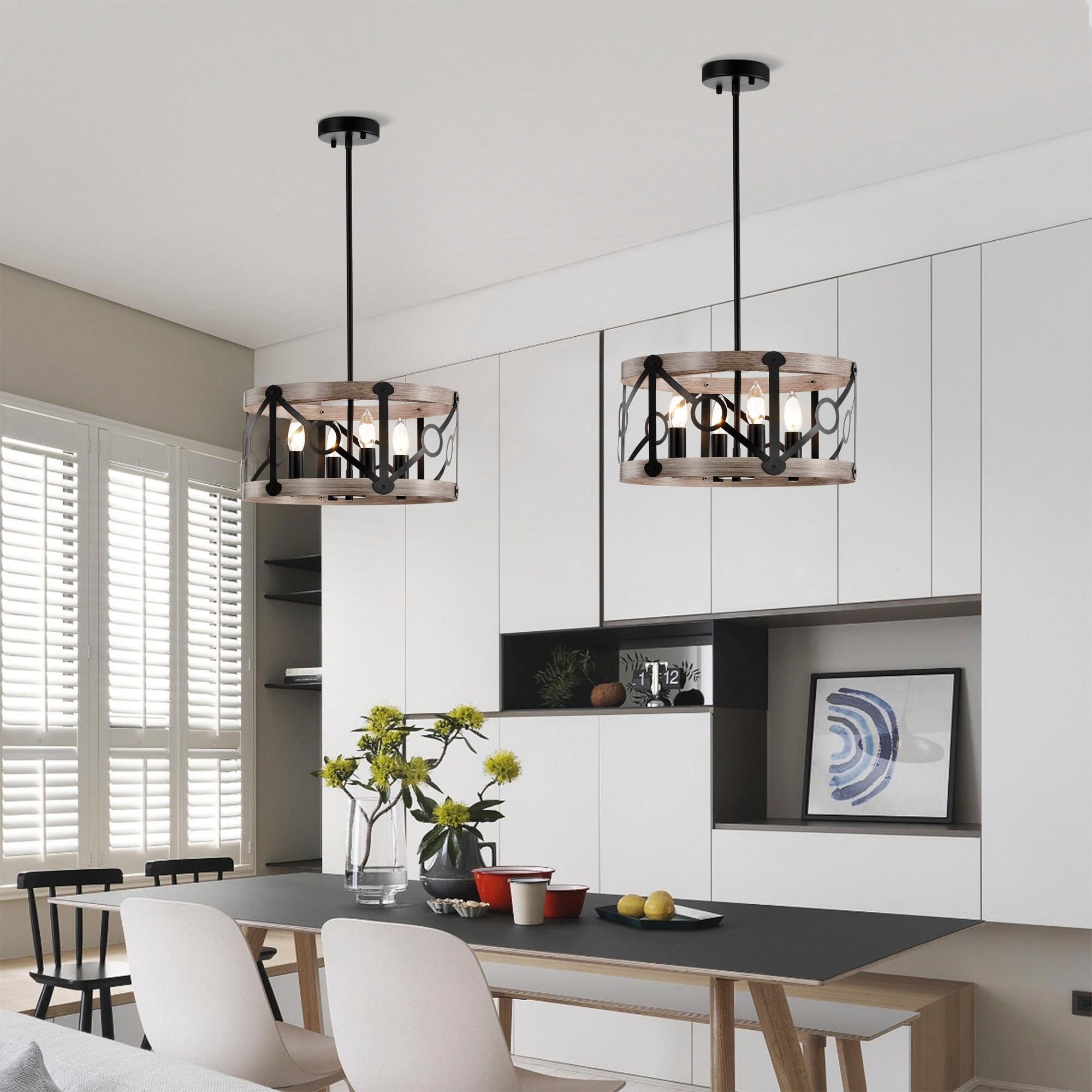 Copas 16 in. 4-Light Indoor Matte Black and Faux Wood Grain Finish Chandelier with Light Kit