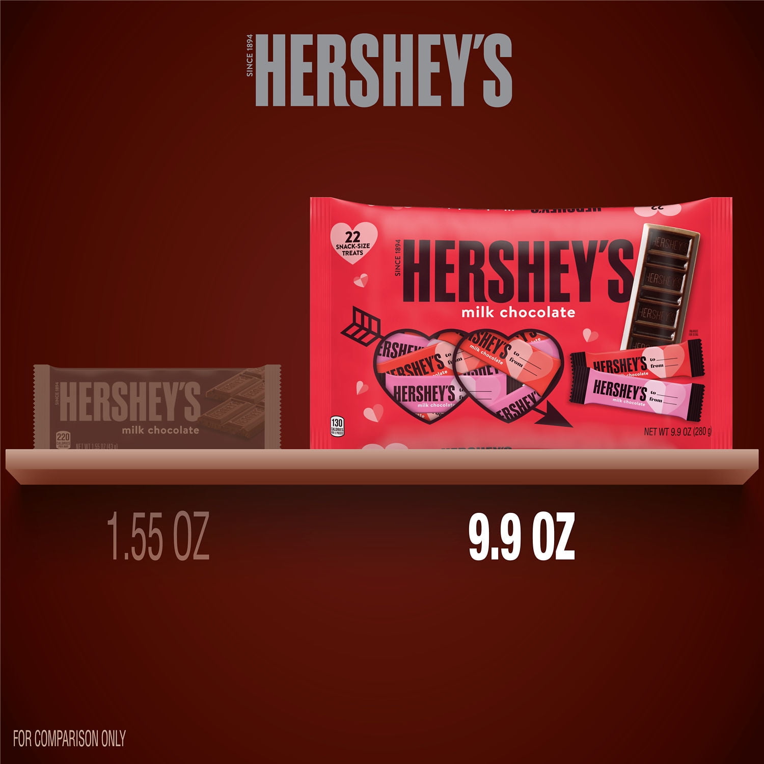 HERSHEY'S Milk Chocolate Snack Size, Valentine's Candy Bag, 9.9 oz (22 Pieces)