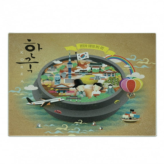 Korea Cutting Board, Traditional South Korean Motifs Inside a Khimchi Hot Pot Tourist Attractions Cartoon, Decorative Tempered Glass Cutting and Serving Board, Small Size, Multicolor, by Ambesonne