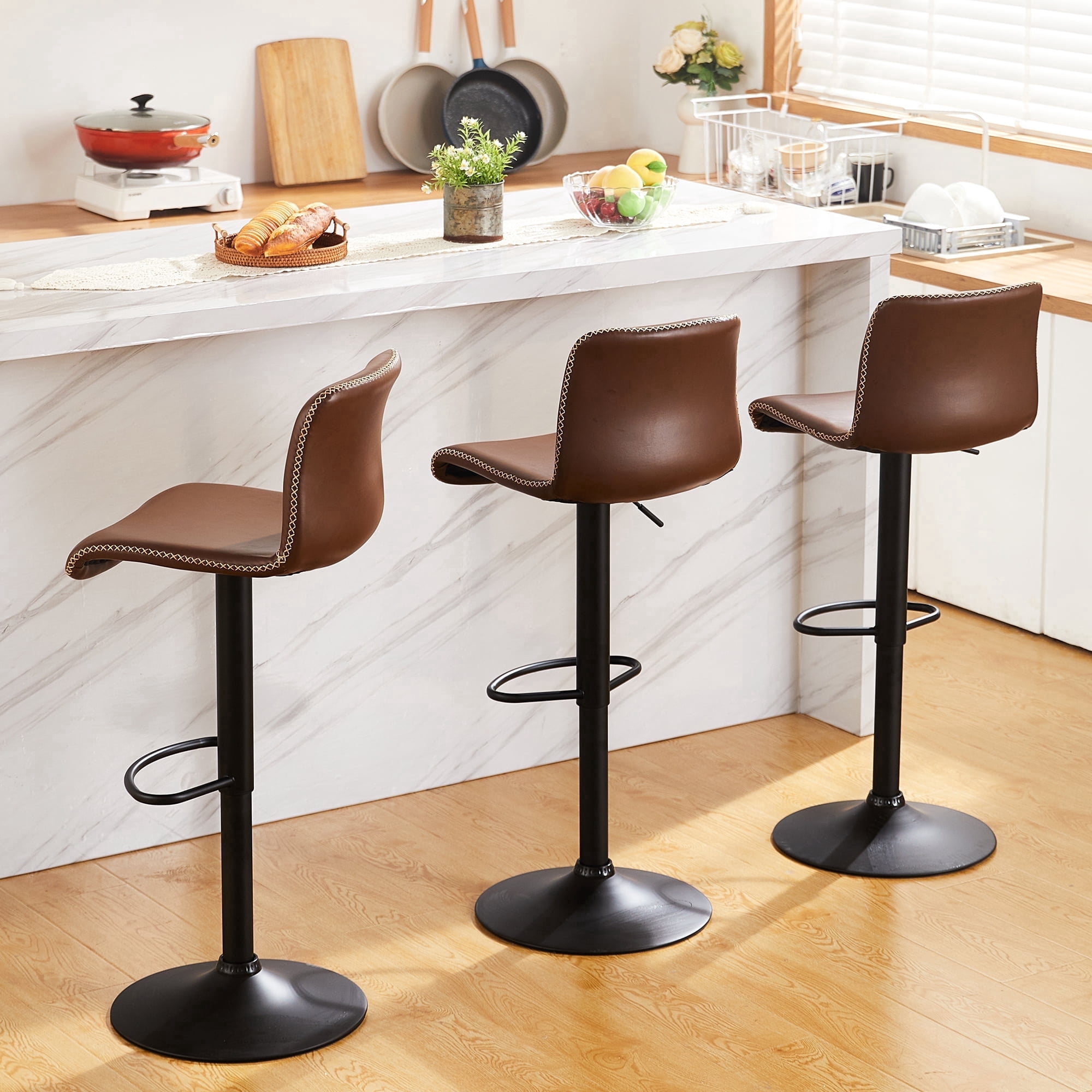 FIRAVOE Bar Stools Set of 3, Swivel Counter Height Bar Stools with Back, Ergonomic Adjustable Barstools Counter Stools Leather Bar Chairs for Kitchen Island, Brown