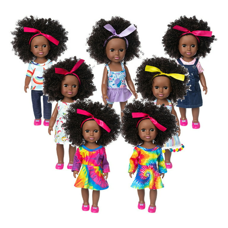 New 14inch Reborn Baby Doll Silicne Pink Braid Tide Baby 35cm Straight Hair  Black Skin American Girl Dress Up Doll Toy