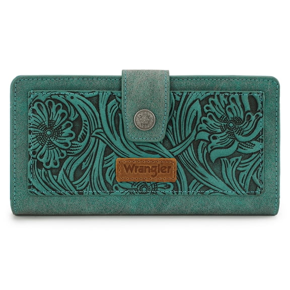 Wrangler Women's RFID Bifold Wallet - Large Western Tooling Flower Design, Card Case & Cash Organizer, Stylish Travel Clutch for Ladies, Turquoise