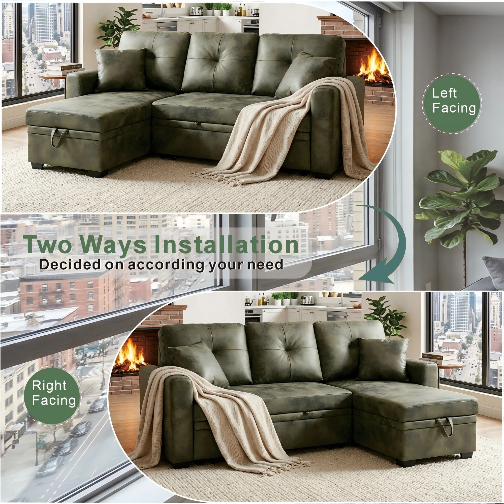 BSHTI 71" Polyester L-Shaped Pull-Out Sleeper Sofa Bed with Reversible Chaise, Hidden Storage for Living Room（Olive Green）
