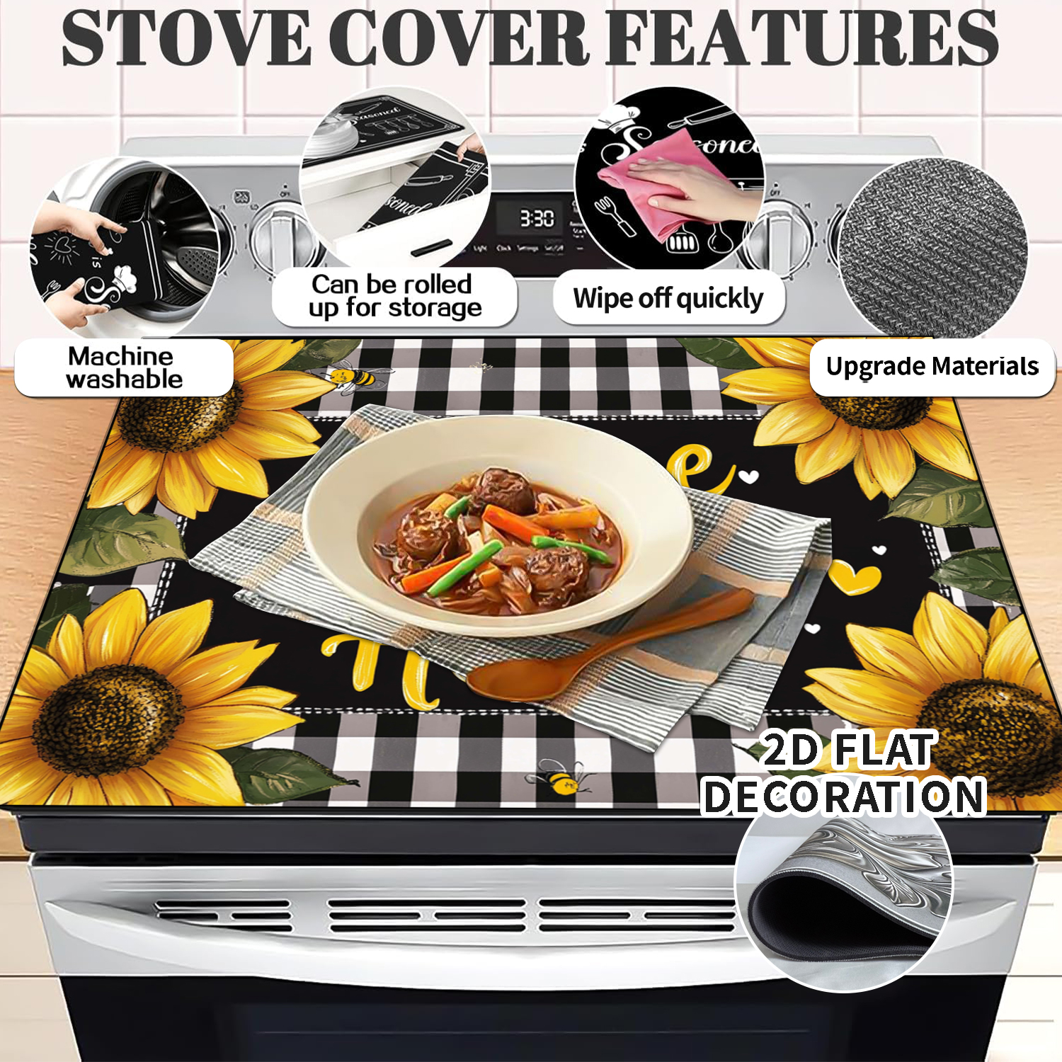Rustic Sunflower Stove Top Covers for Electric Stove, 28'x20'' Country Floral Pastoral Black  Plaid Glass Ceramic Stove Cover , Mat Heat Resistant Cooktop Protector for Kitchen