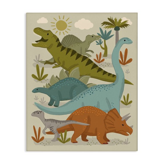 Stupell Industries Contemporary Mixed Dinosaurs Grazing Wildlife Botanicals Sunny Day Canvas Art, 16 x 20, by Lisa Perry Whitebutton