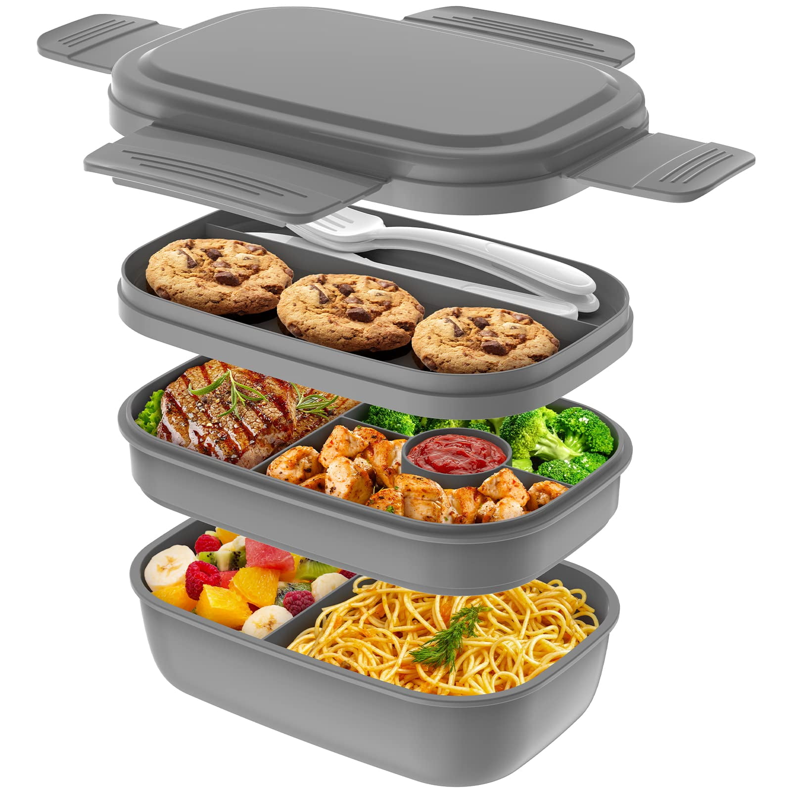 Bento Box Ault Lunch Box, Leak-proof, Microwave, Ishwasher & Freezer Safe,  Inclues 2 Stackable Containers, Built-in Plastic Utensil Set, Woo Texture L