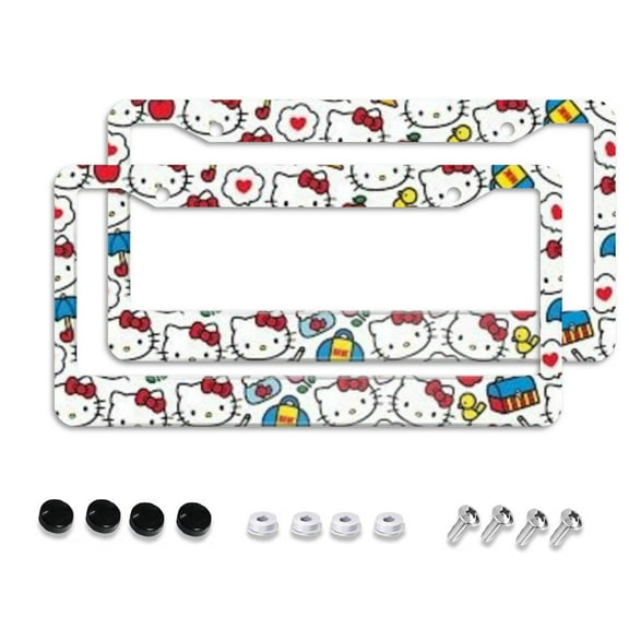 Sanrio Hello Kitty Cartoon Car License Plate Frame 2 Pack, License Plate Cover Bracket Decorative Aluminum License Plate Frame Auto Accessories Unisex 11.8 X 5.9 Inch 2 Holes with Screws