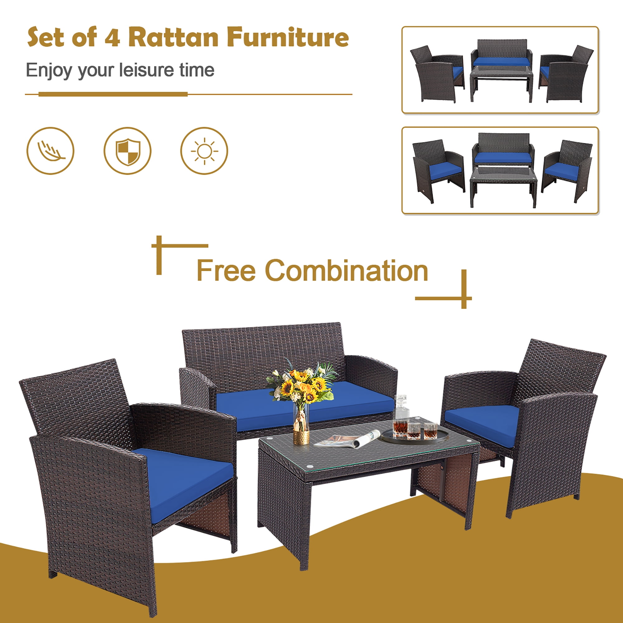 Costway 8PCS Patio Rattan Furniture Set Cushioned Chair Sofa Coffee Table Navy