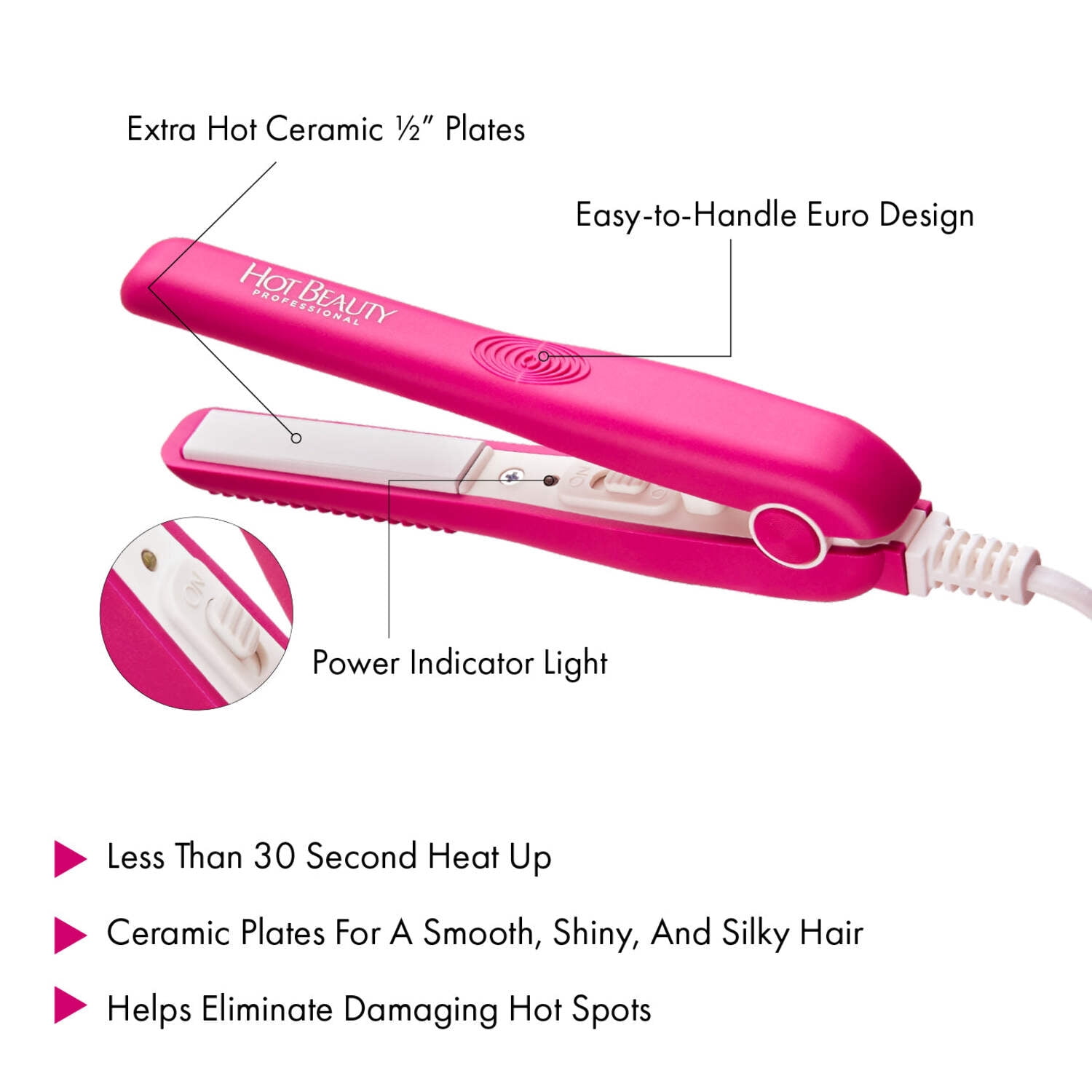 Hot Beauty Professional Ceramic Mini Flat Iron 1/2", Anti-Frizz, Fast Heating, Versatile Styling for Curly & Straight Hair, Ideal for Traveling with Travel Pouch (Pink)