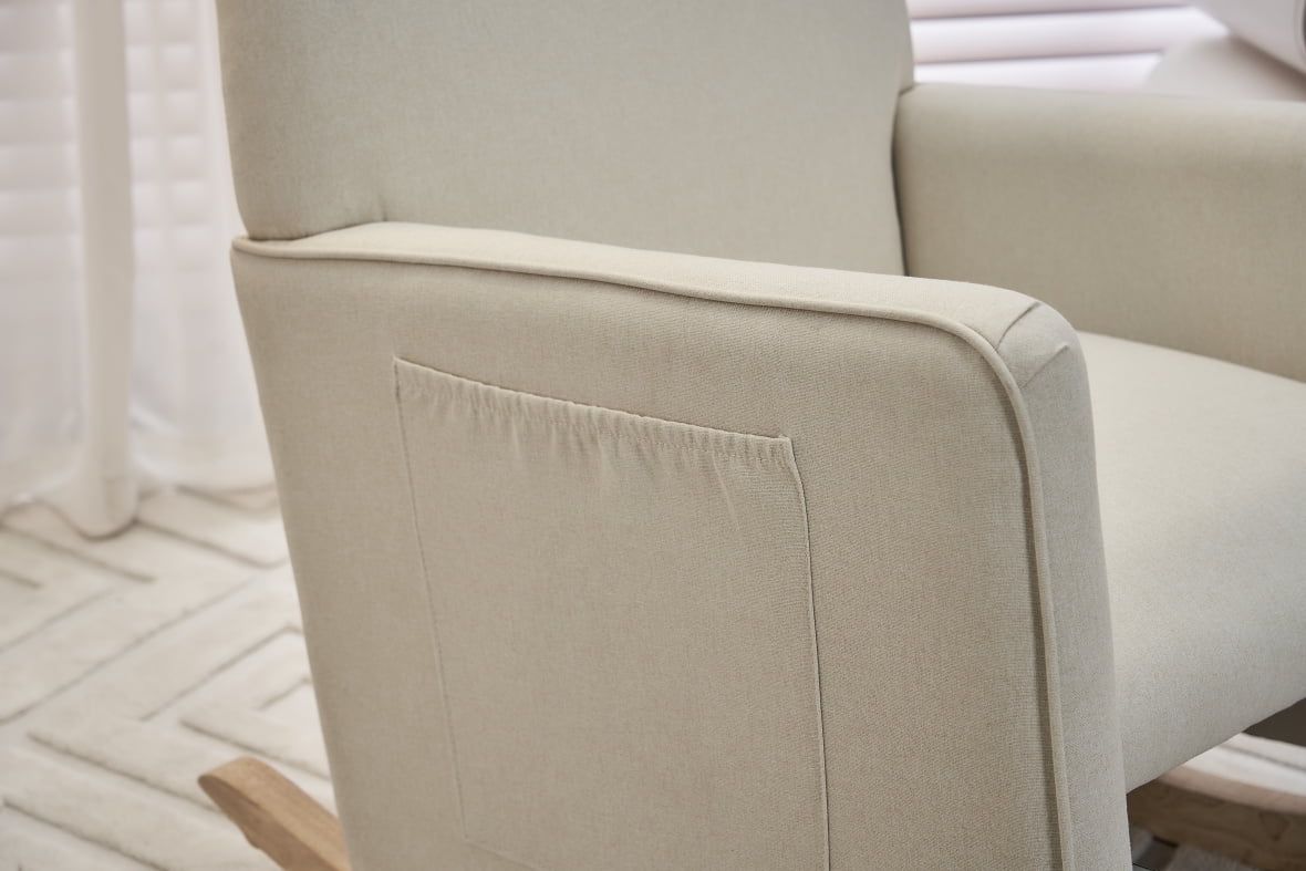 Nursery Rocking Chair with Adjustable Footrest & Ergonomic Backrest, Cotton Linen Fabric Glider Chair with Side Pocket & Thick Seat Cushion, Rocking Accent Chair for Living Room Bedroom Office, Beige