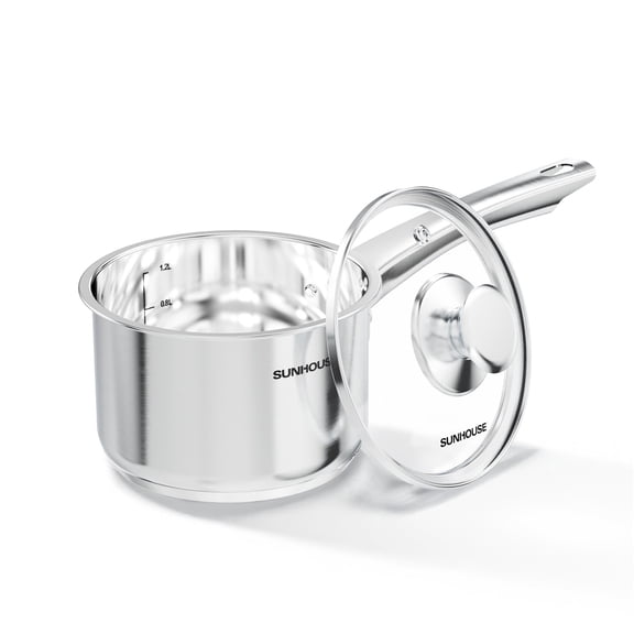 Sunhouse 1.5QT Stainless Steel Saucepan with Lid, Small Milk Pan for Heating Milk, Sauce & Soup, Tri-Ply Bottom, Induction Compatible, Dishwasher Safe