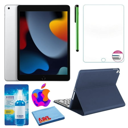 Apple 10.2" iPad (2021, 64GB, Wi-Fi + Cellular, Silver) (MK673LL/A) Bundle with Blue Keyboard Case & Screen Protector