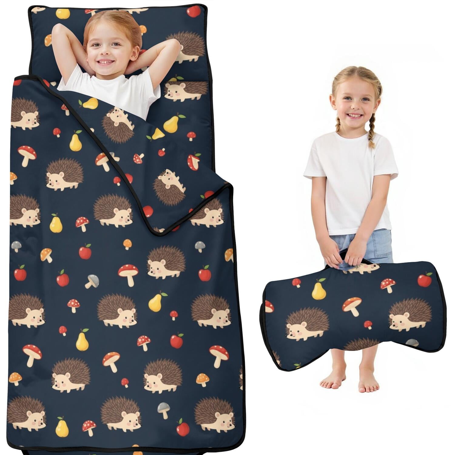 Hedgehog and Mushroom Navy Pattern Kids Nap Mat Daycare Sleep Mat with Handle & Fastening Straps Soft Skin Friendly Gifts for Daycare Preschool 50 x20