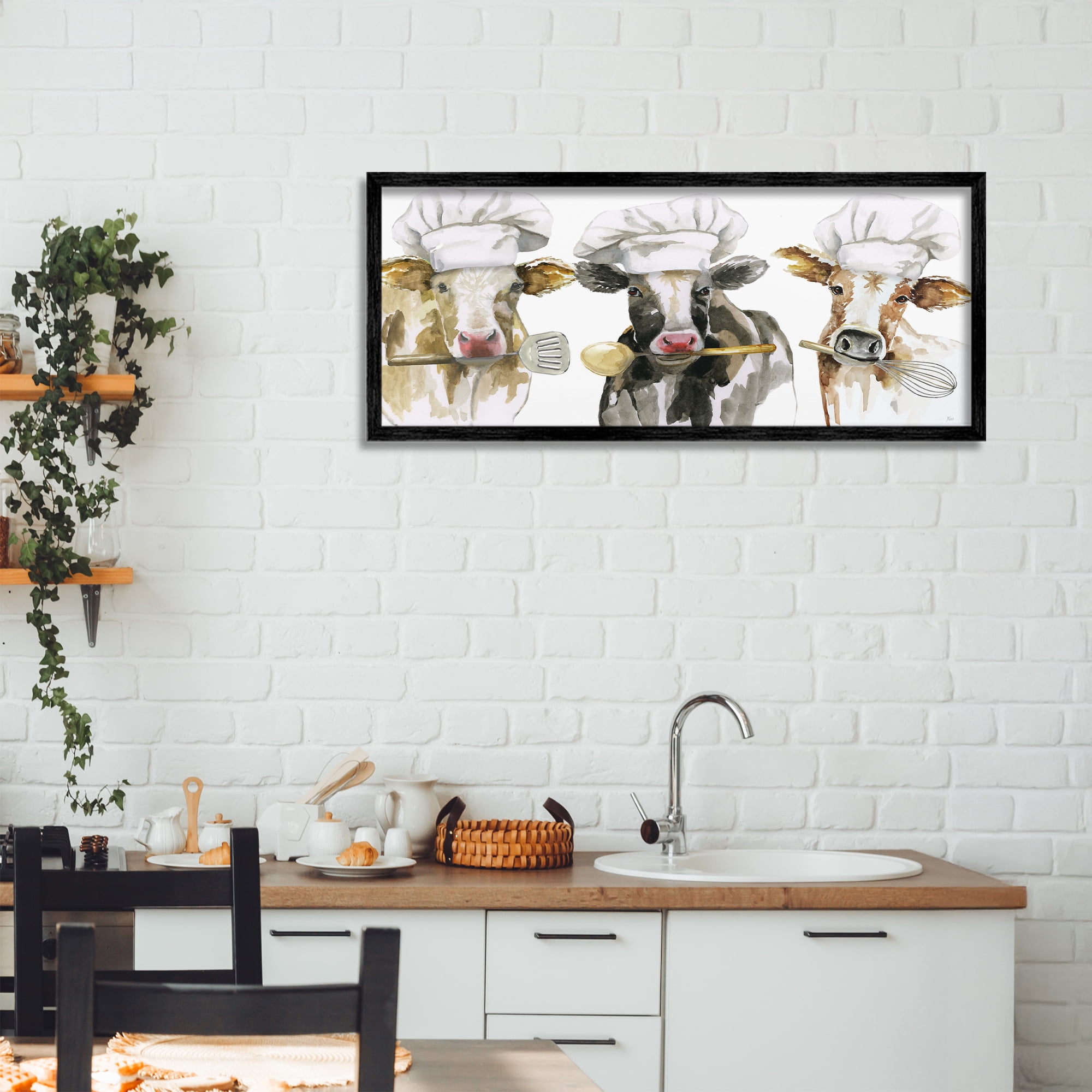 Stupell Industries Cow Chefs with Utensils Black Framed Giclee Art, design by Nan