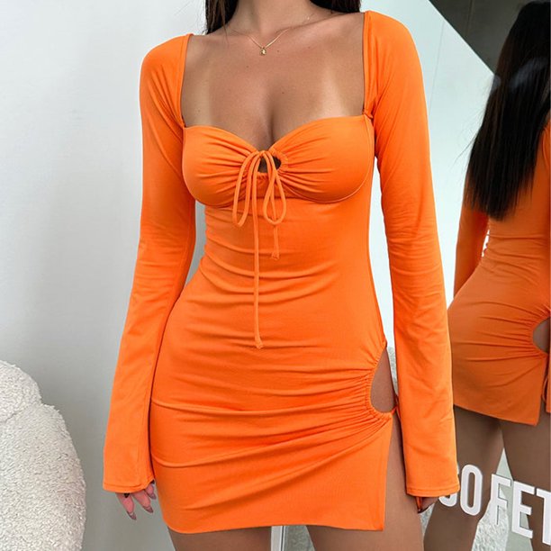 Vestido ajustado para mujer Vestido ajustado de manga larga Corte lateral Ropa de fiesta de corte bajo Hugtrwg Para estrenar