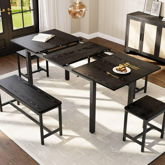 Huisuilinss Extendable Dining Table Set,5-Piece Dining Table Set For 4-8 People,Kitchen Table Set With 2 Benches & 2 Stools,Wood Dining Room Table,Space Saving,Easy Assembly