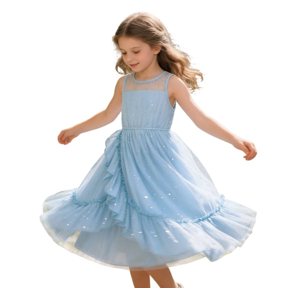 WhouRiu Girls Summer Sleeveless Dress With Asymmetrical Mesh Hem Crew Neck Tiered Ruffle Princess Dresses Kids Comfortable Cute Sundress,11-12 Years