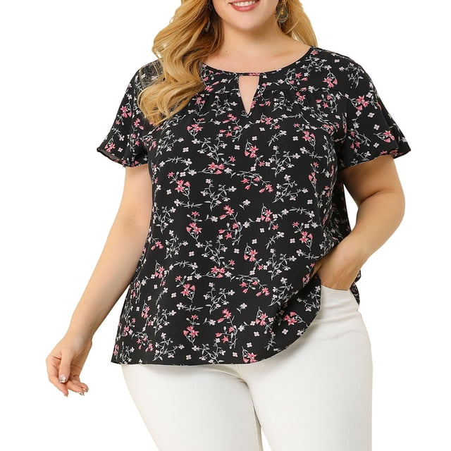BluDe GaEstampado Floral ManAcampanaOjo De CerraduTalGrande PaMujer Negro 3XL