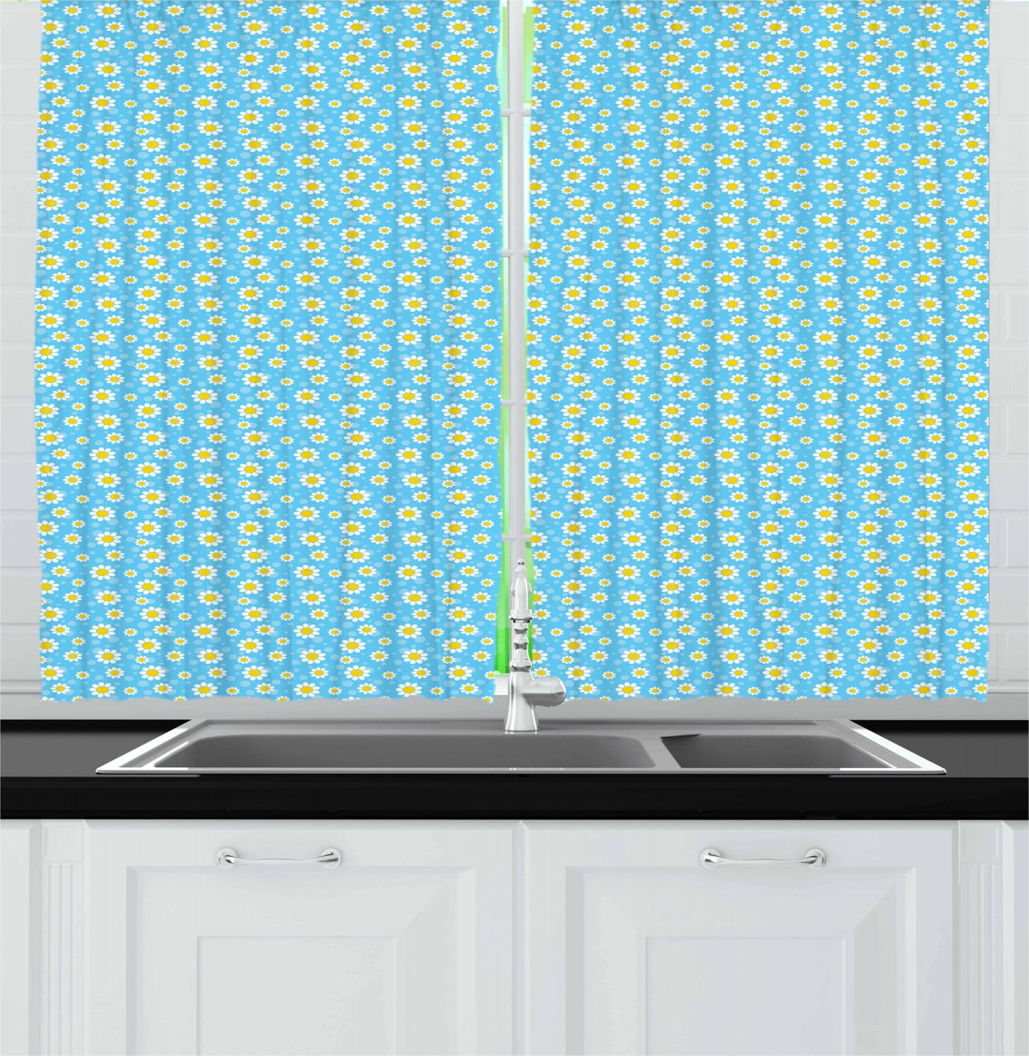 Yellow and Blue Curtains 2 Panels Set, Cartoon Chamomiles Blooms and