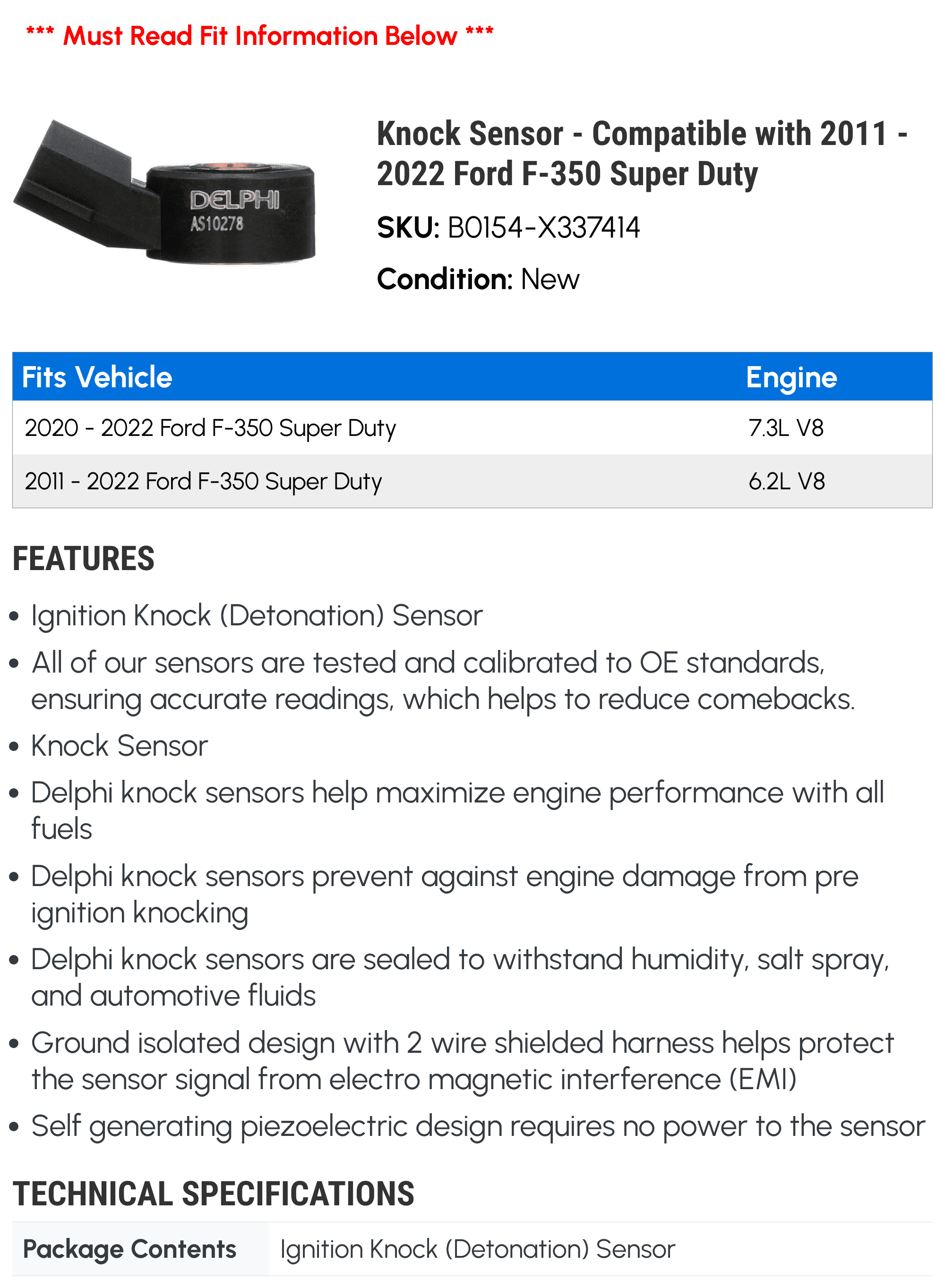 Knock Sensor - Compatible with 2011 - 2022 Ford F-350 Super Duty 2012 2013 2014 2015 2016 2017 2018 2019 2020 2021