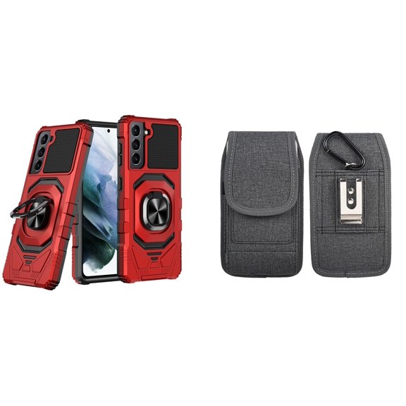 Case with Belt Holster Bundle for Samsung Galaxy S22 Ultra: Heavy Duty Shield Cover (Red) and Vertical Phone Pouch Nylon Fabric (Grey)