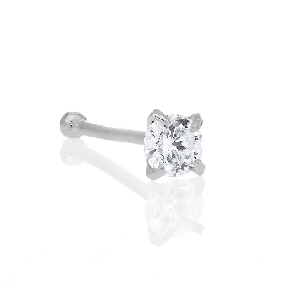 14K Solid White Gold Nose Ring Bone Cubic Zirconia Prong Set 0.5mm 24