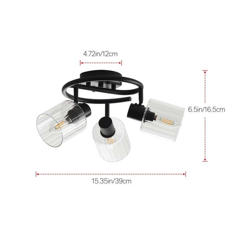 3-Light Semi-Flush Mount Ceiling Light 15.3" Black Dining Room Light Fixture with Clear Glass Lampshade