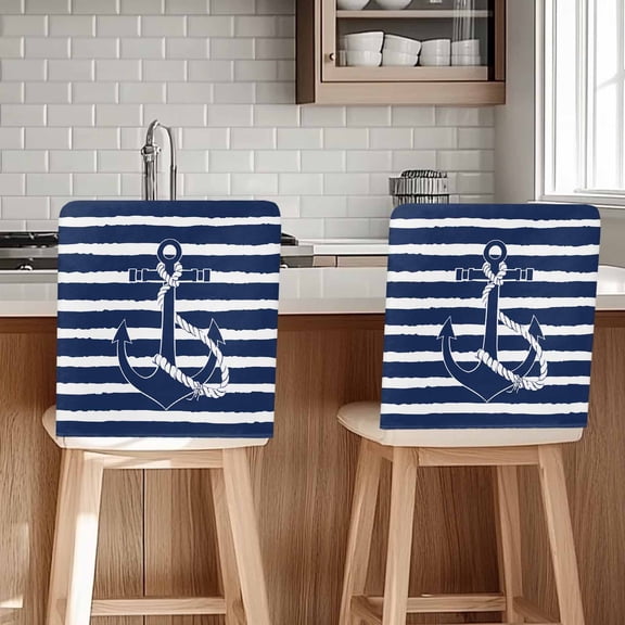 Nautical Chair Covers Set of 4 Navy Blue and White Striped Retro Anchor Chair Back Covers Stretch Removable Washable Chairs Slipcovers Chair Protector for Dining Room Kitchen Party Decor