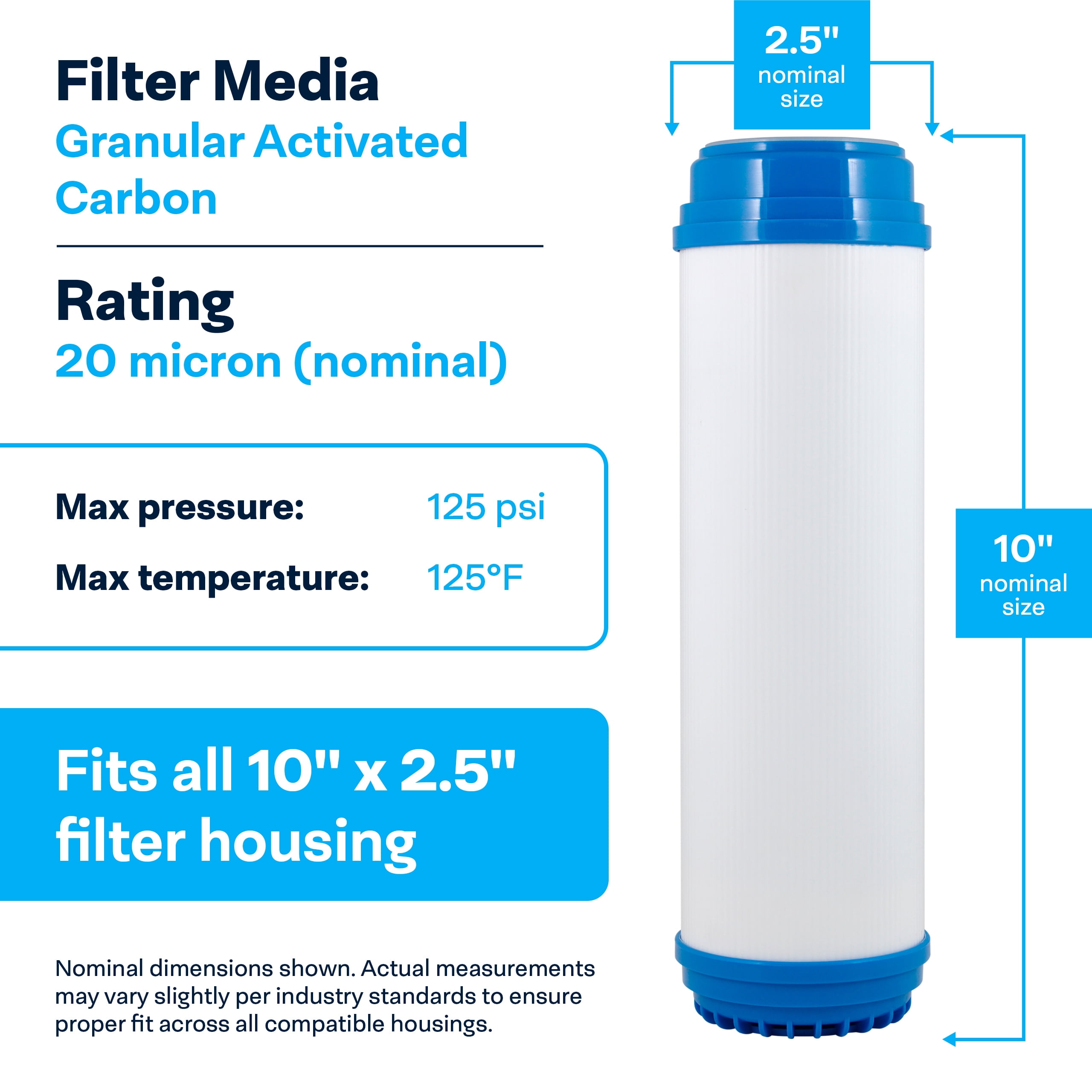 SpiroPure SP-GAC-10R 10x2.5 20 Micron Coconut Shell Granular Activated Carbon (GAC) Water Filter Cartridge CC-10 155155-43 (Case of 12)