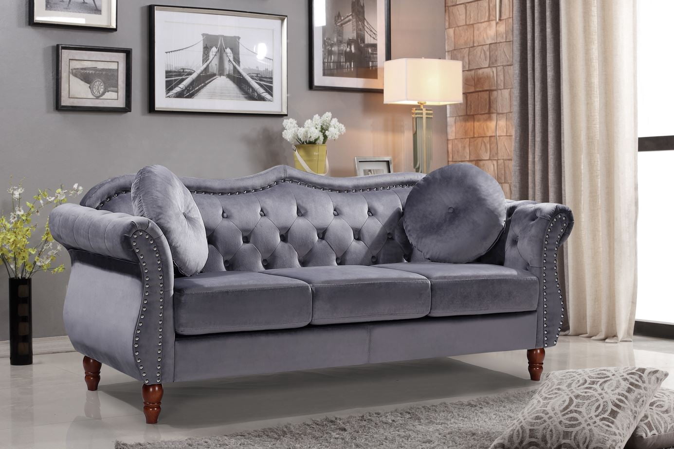Uspridefurniture Tommy 2Pcs Chesterfield Velvet Living Room Set,Gray