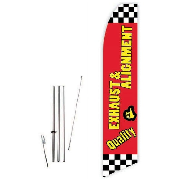 Quality Exhaust & Alignment Red Super Novo Feather Flag - Complete with 15ft Pole Set and Ground Spike