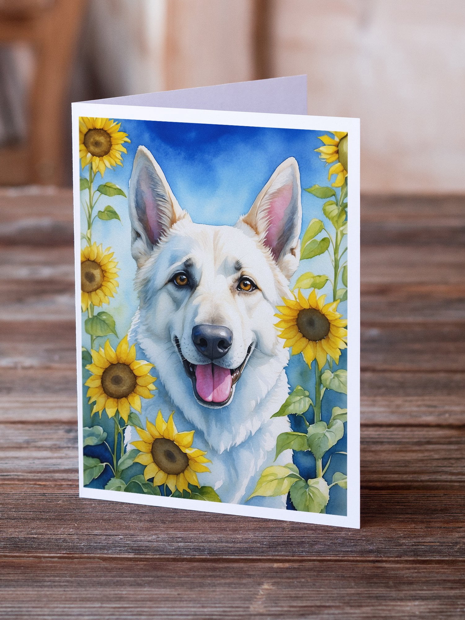 White German Shepherd in Sunflowers Greeting Cards Pack of 8 7 in x 5 in