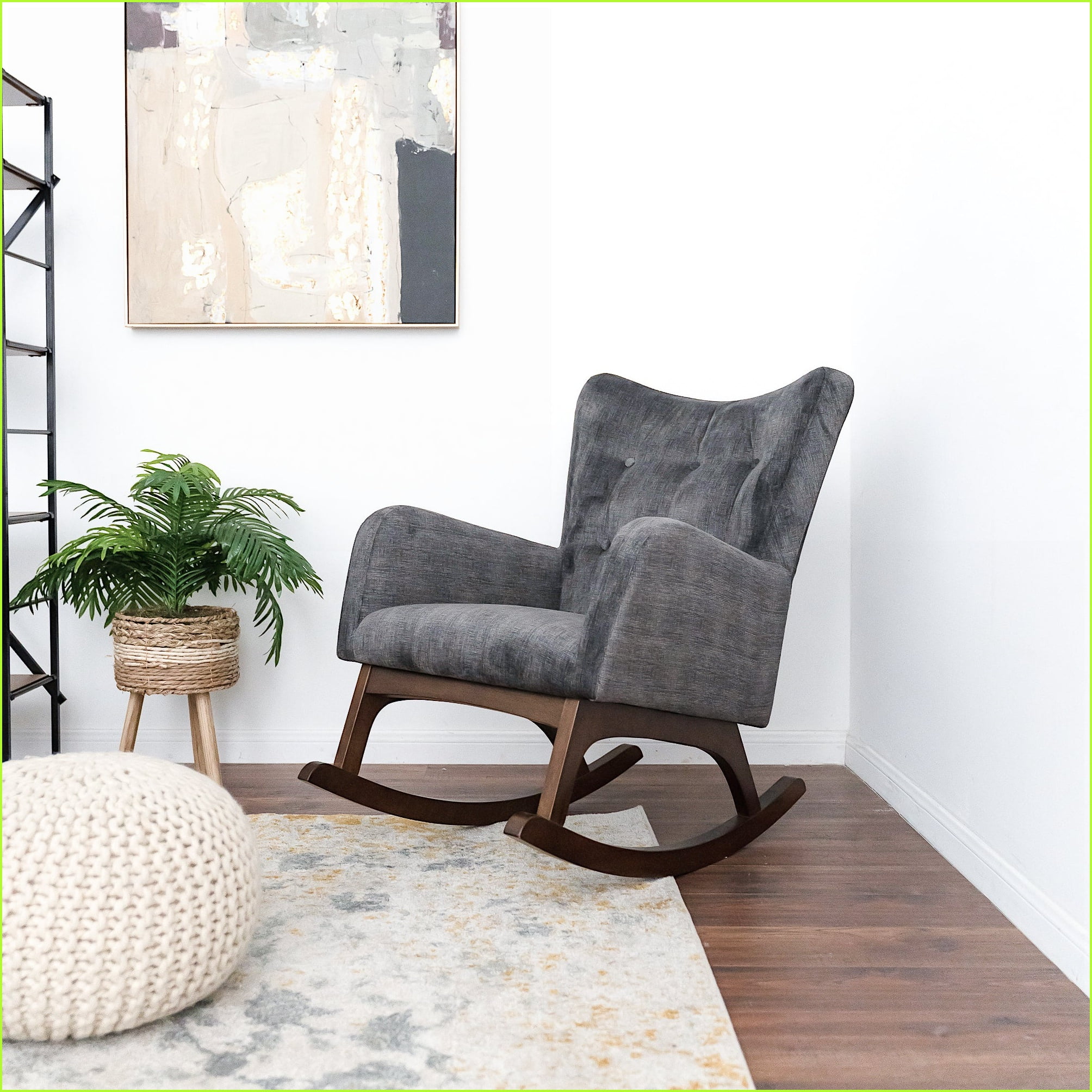 Rocking Chair, Solid Wood with Stain Resistant Fabric, Brown/Dark Gray, 36x26x36.5 for Living Room Nursery Bedroom | Solid Wood | Fabric