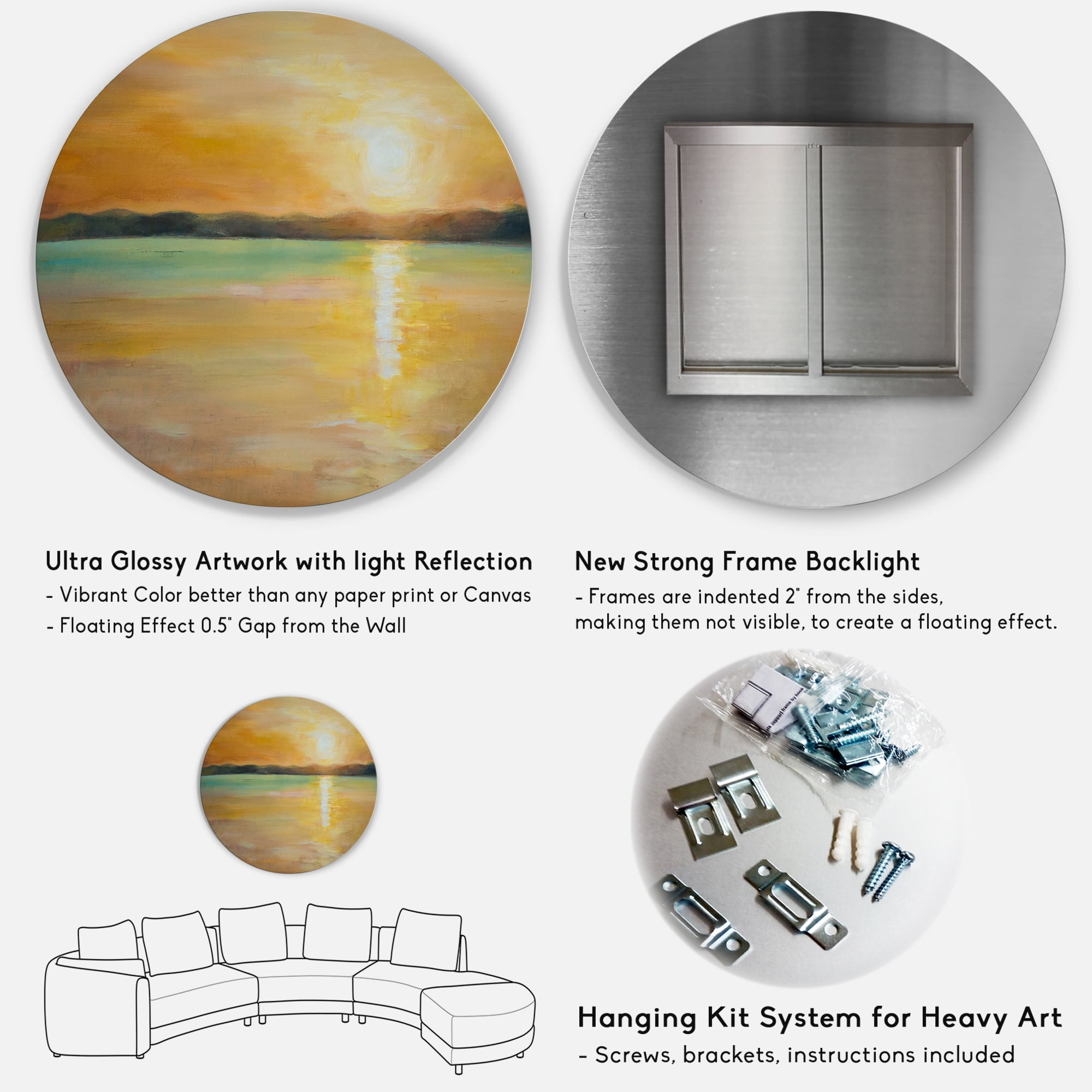 Designart 'Abstract Yellow Sunset At The Horizon' Nautical & Coastal Circle Metal Wall Art 29x29 - Disc of 29