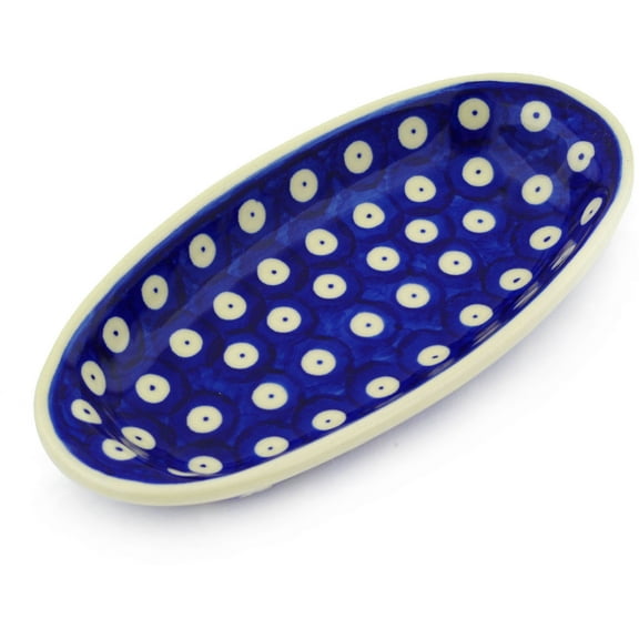 Polish Pottery 7¼-inch Condiment Dish (Blue Eyed Peacock Theme) Hand Painted in Boleslawiec, Poland   Certificate of Authenticity