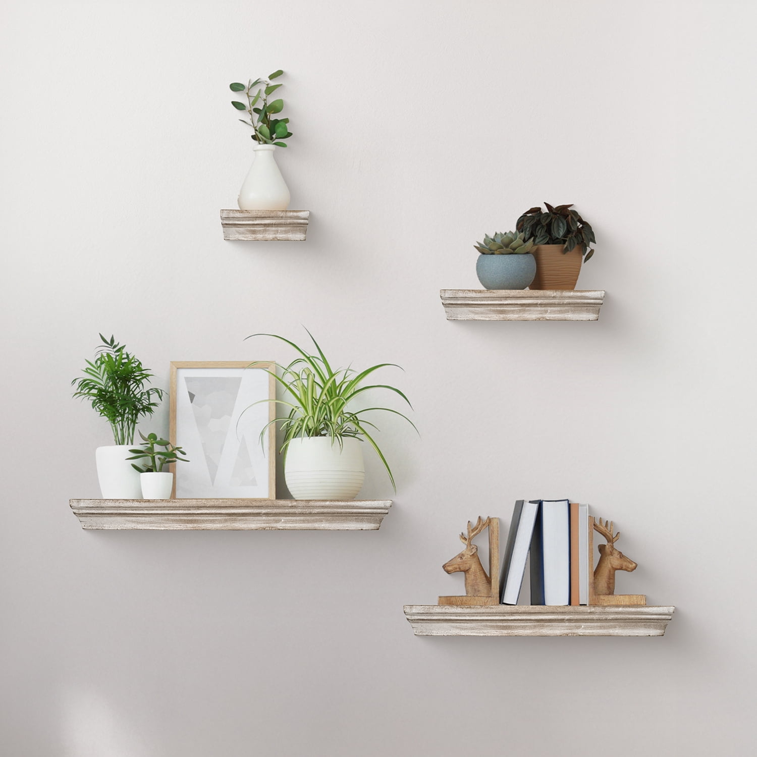 American Art Decor Whitewashed Wood Floating Wall Shelves with Crown Molding - White - Set of 4
