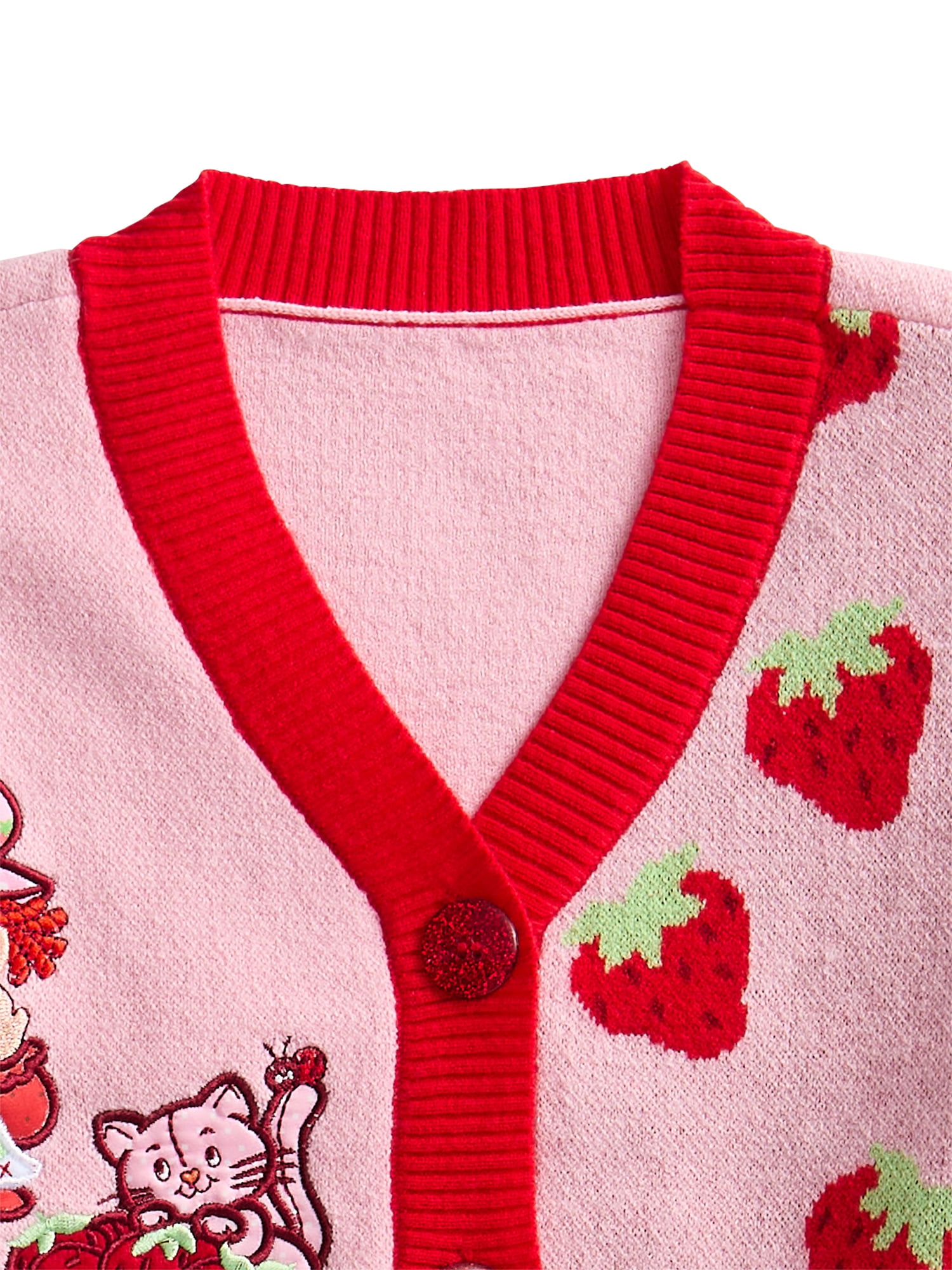 Strawberry Shortcake Button Down V Neck Cardigan with Long Sleeves, Sizes XS-XL
