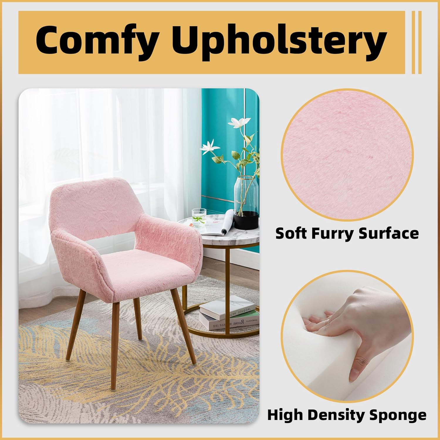 CRXX Desk Chair, Modern Home Office Chair Without Wheels, Faux Fur Vanity Chair with Hollow Backrest, Comfy Armchair Wood Frame with Strudy Metal Legs, Pink