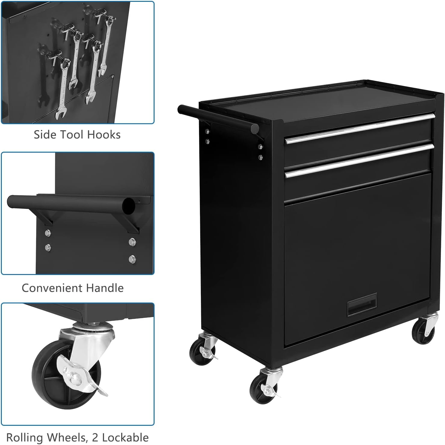 TUFFIOM 8-Drawer Rolling Tool Chest w/Lock & Key, Tool Storage Cabinet w/Wheels, Detachable Top, Drawers, Side Hooks & Drawer Liners, Tool Organizer Box for Garage, Warehouse & Repair Shop