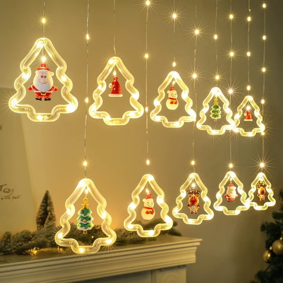 Christmas Tree Curtain Lights, Christmas Window Lights Decor with Remote,8 Lighting Modes, IP65 Waterproof, 10 Hooks Christmas Decorations Indoor Outdoor for Bedroom Party Wall Door Window