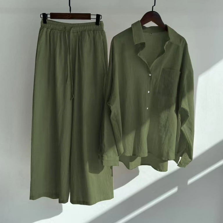 BLVB Plus Size 2 Piece Outfits for Women Long Sleeve Button Down Lapel  Shirts Wide Leg Long Pants Casual Lounge Matching Sets 