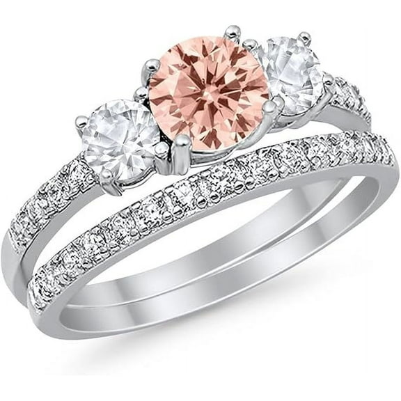 Gems Jewels 925 Sterling Silver 2.00 Ct Round Cut Morganite Christmas Thanksgiving Engagement Wedding Bridal Ring Set 14K White Gold Plated For Women's -6.5