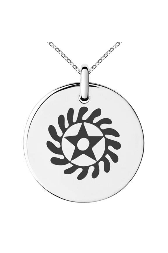 Stainless Steel Aztec Transformation Rune Engraved Small Medallion Circle Charm Pendant Necklace