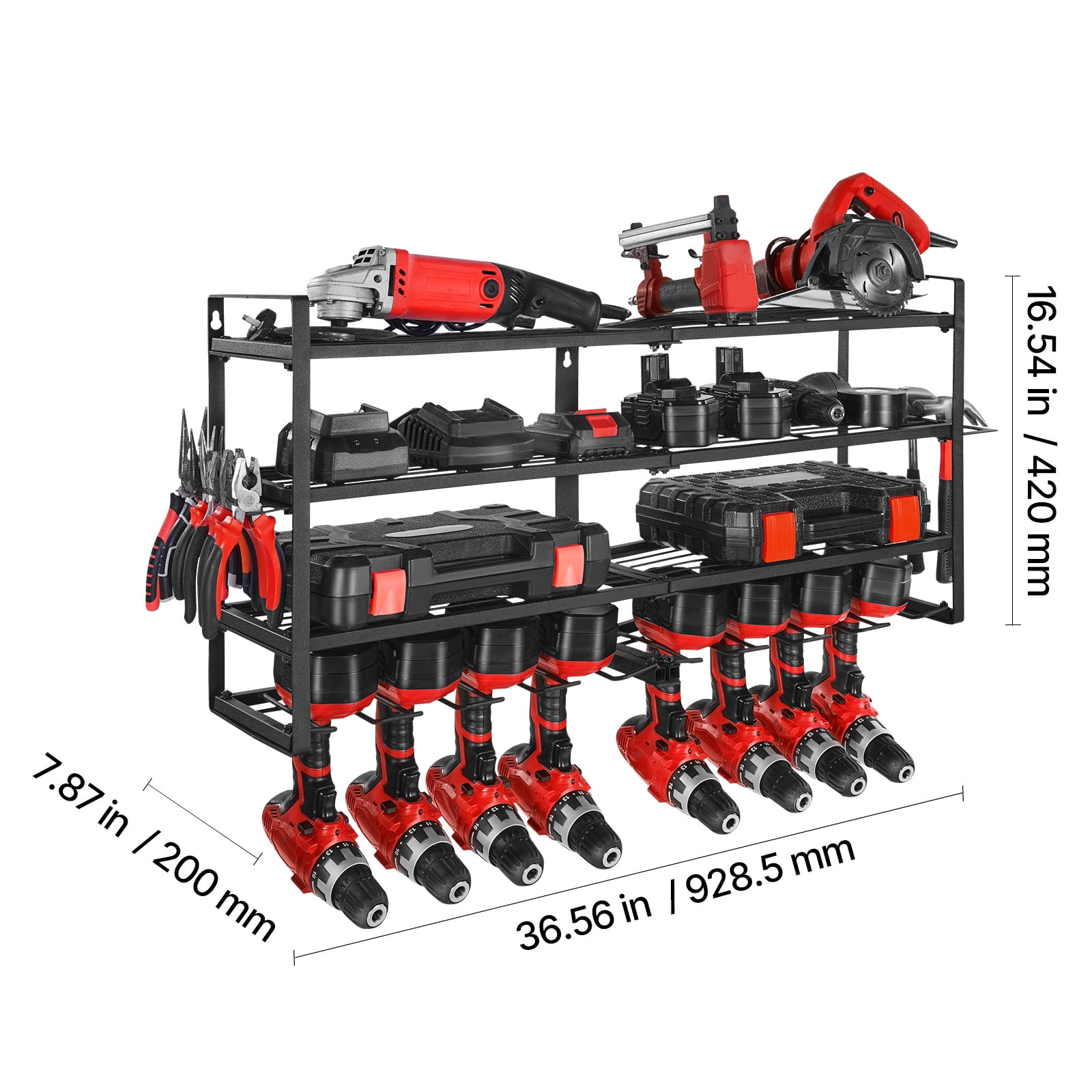 VEVOR Power Tool Organizer Wall Mount, 4-Layer Storage Rack with 8 Drill Holders, Tools Holder and Storage Rack with Screwdriver Holder, Garage Tool Organizer for Garage, Workbench, and Workshop