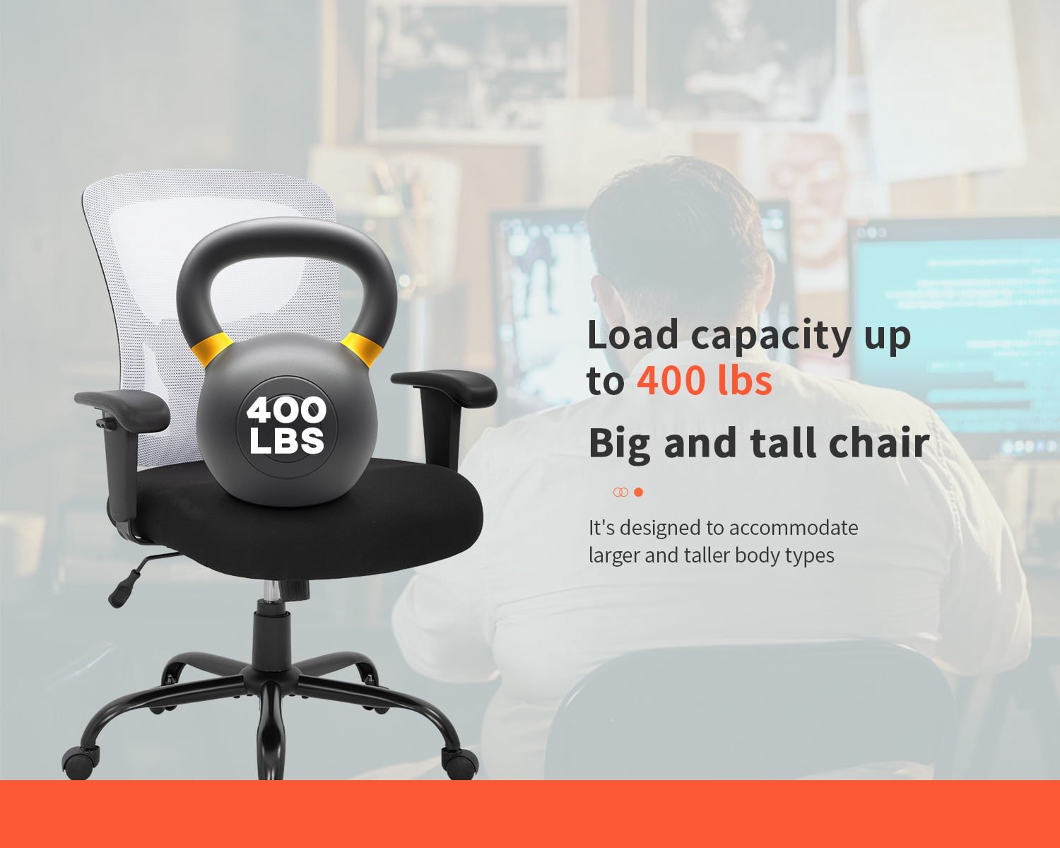 Big and Tall Office Chair 500lbs, Ergonomic Computer Chair Height Adjustable Mesh Chair Heavy Duty Chair, Wide Seat Computer Executive Desk Chair with Adjustable Armrest, Lumbar Support, White
