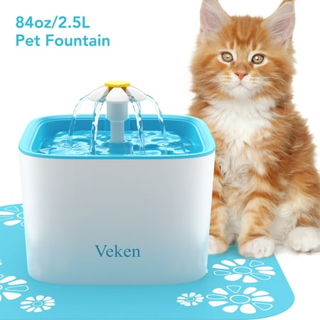 Veken 84oz/2.5L Pet Fountain,Cat Dog Water Fountain with 3 Replacement Filters & 1 Silicone Mat ,Blue