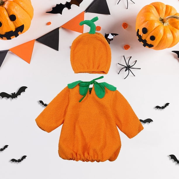 Nouveau-né Bébé Fille Garçon Halloween Tenues Manches Longues Imprimé Citrouille Pantalon Romper Bandeau 3Pcs Vêtements Blanc Bleu 3-6 Mois