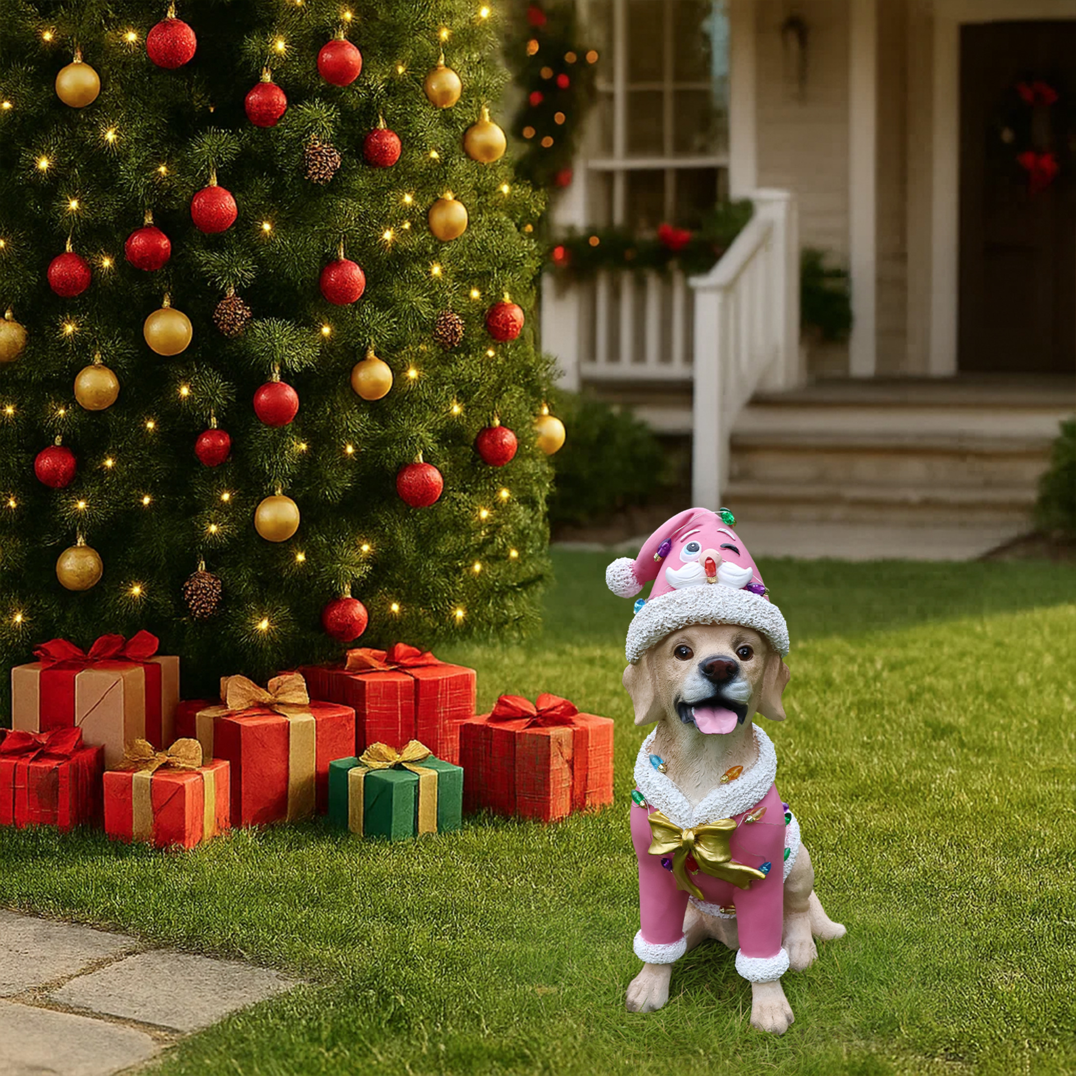 Noble House Christmas Labrador Retriever Statue, Cheerful Holiday Dog Figurine in Santa Outfit, Brown Fur & Pink Shirt